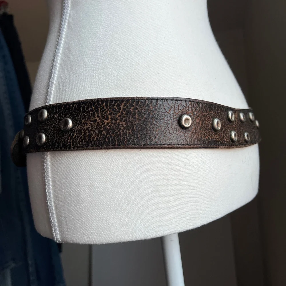 Vintage 90s Distressed Leather Studded Belt Brown Crackle Texture Western Boho